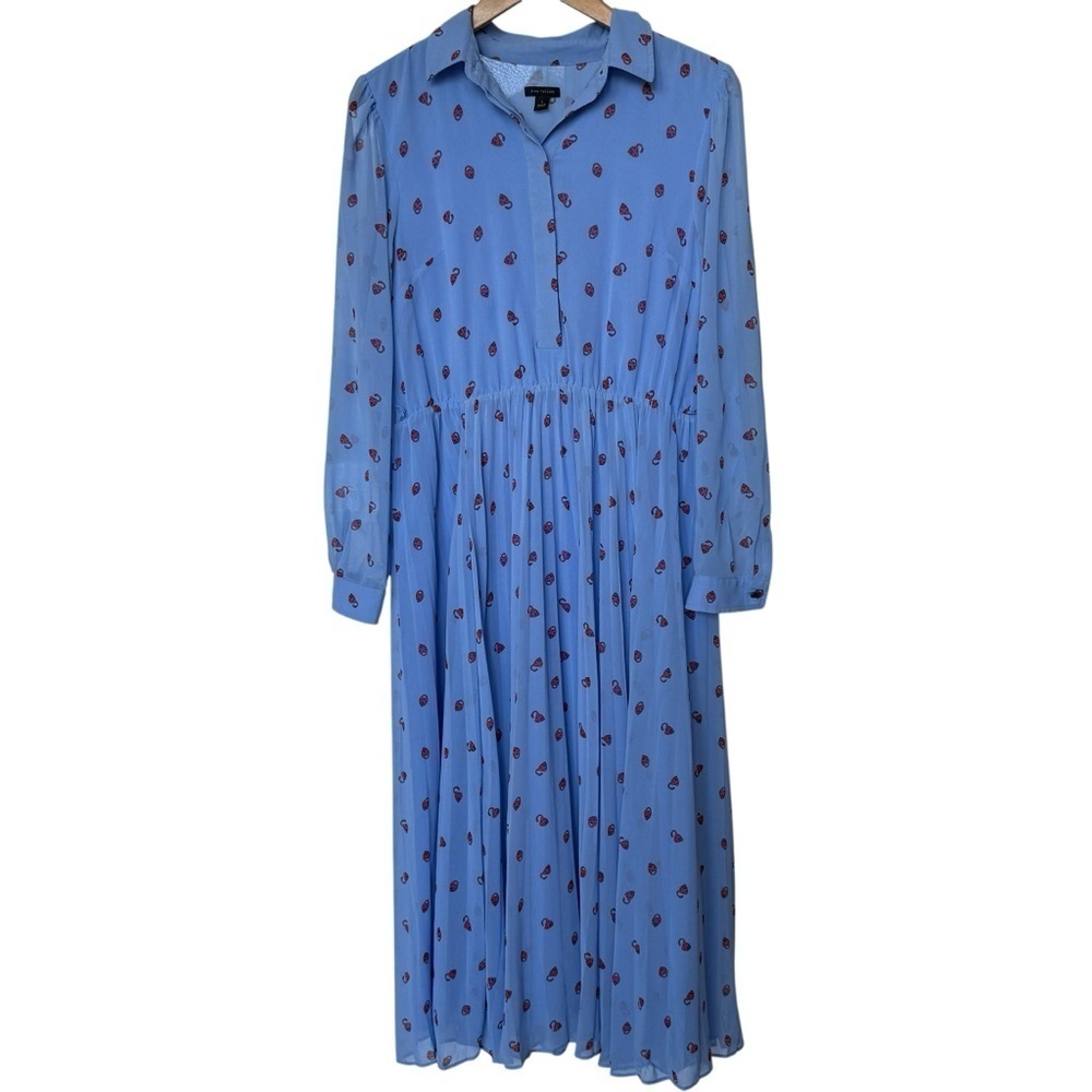 Ann Taylor Women's Blue Heart Charm Pleated Shirtdress 6 Flowy Casual Collared